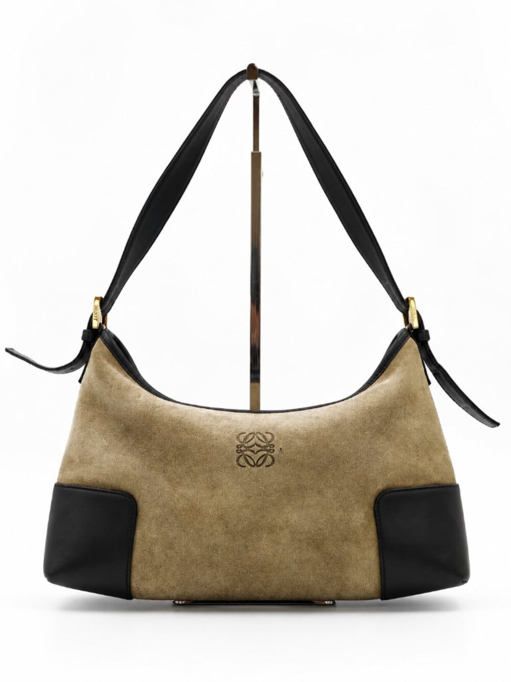 Loewe Vintage Suede Leather Shoulder Bag Beige Black Hobo Handbag